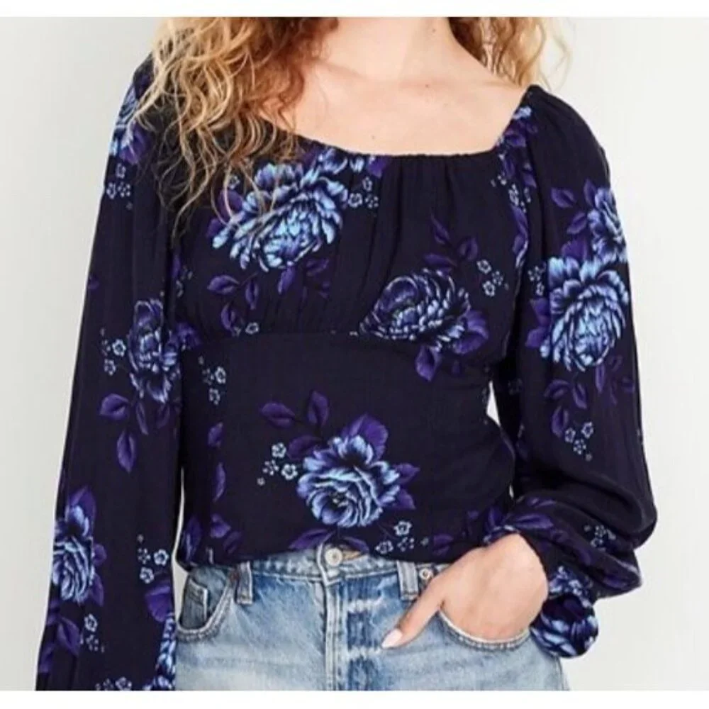 Old Navy Womens M Puff Sleeve Smock Long Sleeve Blouse‎ Navy Blue Floral Cottage